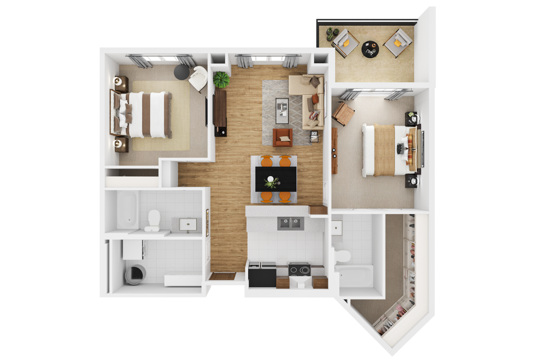Floor plan for 2 beds, 2 baths, 1040 sqft